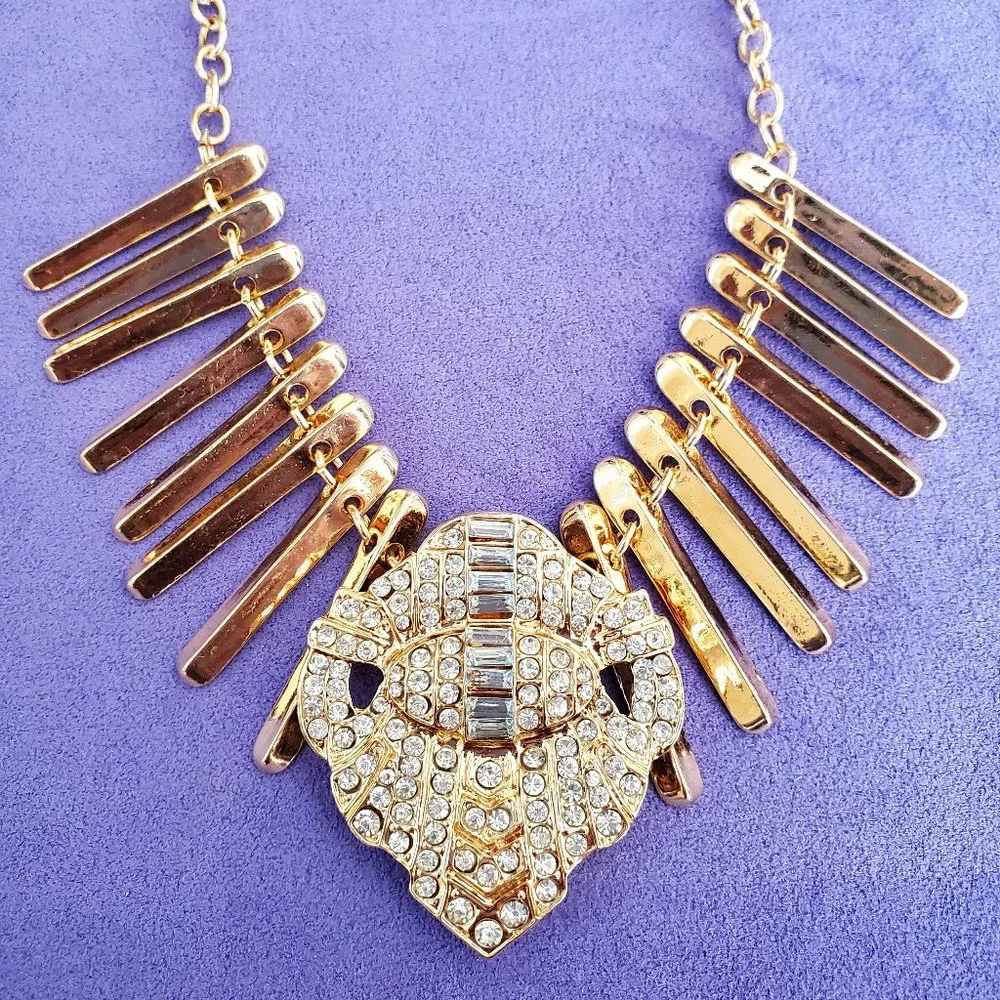 NEW Statement Polished Gold Fringe Rhinestone Center Dressy Runway Necklace